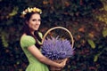 Summer Floral Fairy Girl with Lavender Basket Royalty Free Stock Photo