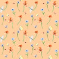 Summer floral field with dragonfly and butterfly watercolor seamless pattern on coral. Royalty Free Stock Photo