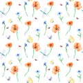 Summer floral field with dragonfly and butterfly watercolor seamless pattern on white. Royalty Free Stock Photo