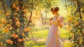 woman in garden ,woman walk ,summer floral France village impressionism oil illustration art
