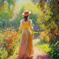 woman in garden ,woman walk ,summer floral France village impressionism oil illustration art