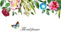 Summer floral header frame background with watercolor flowers rose, mallow, narcissus and butterfly