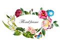 Summer floral oval wreath background with watercolor flowers rose, mallow, hydrangea and narcissus