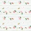 Summer floral seamless pattern. Roses, chamomiles, flying bees on stripped green background.