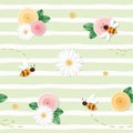Summer floral seamless pattern. Roses, chamomiles, flying bees on stripped