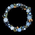 Summer floral vector round frame with cute blue flowers. Beautiful wreath isolated on black background. Royalty Free Stock Photo