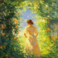 summer floral woman in garden ,woman walk ,France village impressionism oil illustration art