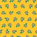 Summer flower bouquets seamless vector pattern. Ditsy florals on yellow background.