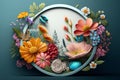 Summer flower composition in a circle frame. Hello Summer. Generative AI Royalty Free Stock Photo