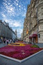 A summer flower display outside GUM former State Department Store on Red Square in Moscow