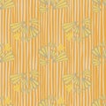 Summer flower ornament simple seamless pattern. Outline floral figures in yellow and blue tones on orange stripped background Royalty Free Stock Photo