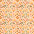 Summer flowers and birds. Seamless doodle pattern. Illustrarion with plants and rainbows. Spring background