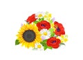 Summer flowers bouquet isolated on white background. Sunflower, yellow blooming canola, daisies, red poppies and green leaves.