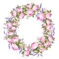 Summer flowers circle frame with cute rose and lavender buds on white background. Rose blossom wreath for marriage