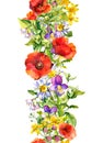 Summer flowers. Floral seamless garland. Decorative watercolor stripe - meadow grass, poppies, chamomile