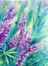 Summer flowers green purple background with patterns and watercolor stains blurring