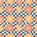 Summer flowers groovy seamless pattern on checkered background. Perfect print for tee, paper, textile and fabric. Retro style