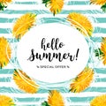 Summer flowers, Hello summer lettering. Yellow dandelion pattern, Trendy striped summer background. All objects are