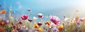 Summer flowers landscape with sky background. Summer flowers. Copy space. Photo texture. Horizontal banner poster. Royalty Free Stock Photo