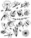 Summer flowers, leaves, bees, butterflies and dragonflies vector set black elements.