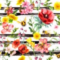 Summer flowers, meadow grass, bees at monochrome striped background. Repeating floral pattern. Watercolor and black