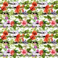 Summer flowers, meadow grass at monochrome striped background. Repeating floral pattern. Watercolor with black stripes