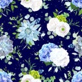 Summer flowers on navy blue seamless vector design print.