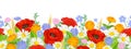 Summer flowers seamless border. Poppy, daisy, marigold, flax, clover and chicory.