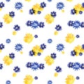 Summer flowers seamless pattern. Yellow dandelions, blue chicory and pansies, wildflowers. floral pattern on a white