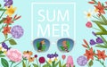 Summer flowers and sunglasses with tropical birds vector illustration. Exotic birds, sunlight and flowers frame Royalty Free Stock Photo