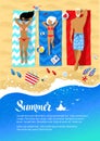 Summer flyer design with family lying on beach