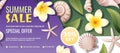 Summer flyer with plumeria and seashells. Discount coupon, special summer offer. Background, banner with seashells and Royalty Free Stock Photo