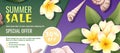 Summer flyer with plumeria and seashells. Discount coupon, special summer offer. Background, banner with seashells and Royalty Free Stock Photo