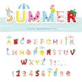 Summer font. Creative cartoon letters and numbers. For posters, banners, kids birthday, clothing design. Royalty Free Stock Photo