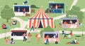 Summer food market festival map, city fair in green park, happy family with kids walking Royalty Free Stock Photo