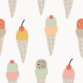 Summer food seamless pattern with coclorful ice creams. Hand darwn cute kids textile, fabric design with fruit and food
