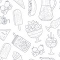 Summer Food Seamless Pattern, Smoothies, Ice Tea, Hot Dog, Watermelon, Ice Cream Monochrome Hand Drawn Vector Royalty Free Stock Photo