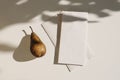 Summer food still life. Autumn weddding greeting card. Folded menu card, envelope mock up from textured craft paper