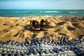 Summer Footwear And Plaid On The Sand Beach, Closeup Summer Vacation Concept Royalty Free Stock Photo