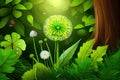 summer forest background with dandelion flower and four-leaf green clover