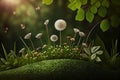 summer forest background with dandelion flower and four-leaf green clover