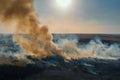 Summer forest fire. Natural disaster. Burning grass with smoke, trees and forest on fire, aerial view