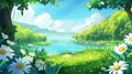 A summer forest lake landscape background scene. An illustration of an illustrated picture of a beautiful chamomile Royalty Free Stock Photo