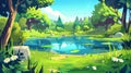 Summer forest landscape with lake. Pond with blue water, shore with grass, moss, bushes, daisies. Nature scene of Royalty Free Stock Photo