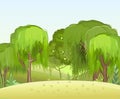 Summer forest landscape. Light foggy thickets. Dense foliage. Green trees view. Cartoon flat style. Nature illustration Royalty Free Stock Photo