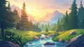 Summer forest with river, grass and mountains on the background. Sunset scene of natural park with streams of water Royalty Free Stock Photo