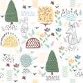 Summer forest seamless pattern with cute animals
