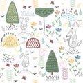 Summer forest seamless pattern with cute animals