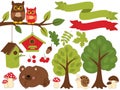 Summer Forest Set with Bear, Owls, Birdhouses, Trees, Mushrooms. Forest Set Clipart. Vector Illustration