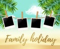 Summer four photo frames on the rope with summer sea and beach vacation - vector illustration. Blank polaroid photos on Royalty Free Stock Photo